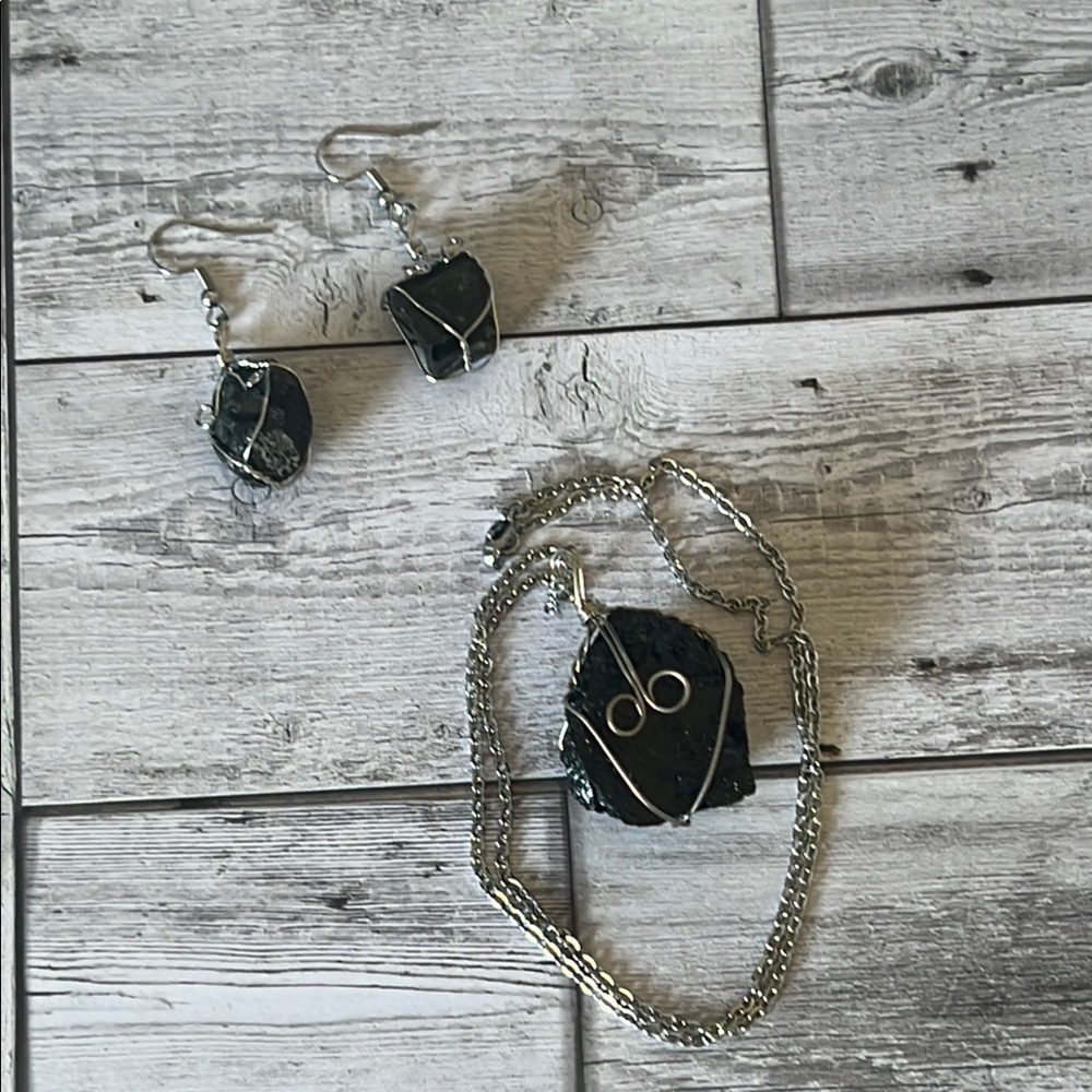 Silver Wire-Wrapped Raw Black Tourmaline Jewelry Set